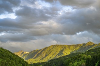 View into the mountains next to Lake Traunsee on a rainy day in spring, Traunstein summit,