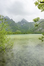 Landscape of Lake Offensee on a rainy day in spring, Salzkammergut, Austria
