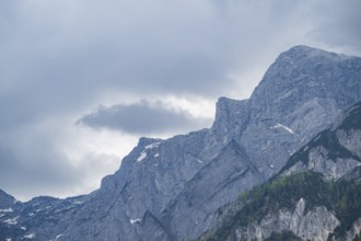 View into the mountains next to Lake Traunsee on a rainy day in spring, Traunstein summit,