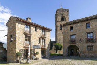 Church tower and town hall, historic buildings medieval village of Ainsa, Aínsa-Sobrarbe, Huesca