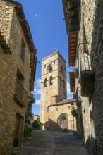 Church tower historic buildings medieval village of Ainsa, Aínsa-Sobrarbe, Huesca province, Aragon,
