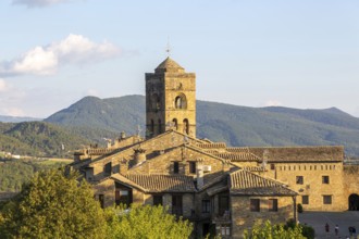 Church tower historic buildings medieval village of Ainsa, Aínsa-Sobrarbe, Huesca province, Aragon,