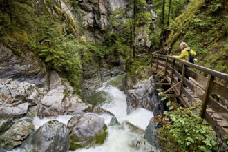 Female hiker on wooden walkway on the Diosaz mountain river in the gorge, Gorges de la Diosaz, Les