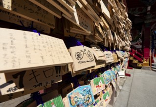 Ema, small wooden tablets with wishes and prayers, hung so that the Kami spirits or gods can