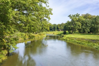 Neisse River in Muskauer Park, UNESCO World Heritage Site, Bad Muskau, Upper Lusatia, Saxony,