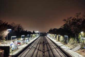 Night view, bus stop, train station, platform, abandoned, Sommerrain, Stuttgart, Baden-Württemberg,