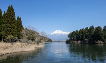 View of Mount Fuji volcano and Lake Tanuki from Fuji-mae observation deck, Fujinomiya, Shizuoka,
