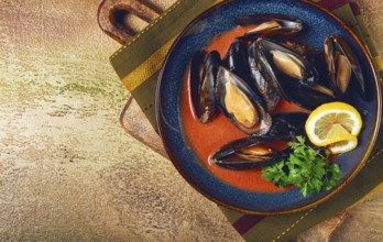 Fra Diavolo mussels, mussels in tomato sauce, Italian dish, on the table, top view, homemade, no