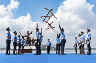 Indian Air Force personnel performs a bayonet drill demonstration on the bank of Brahmaputra river,