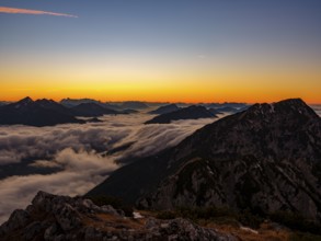 Alpine panorama at dusk, fog in the valley, Hochstaufen, Chiemgau Alps, Upper Bavaria, Bavaria,