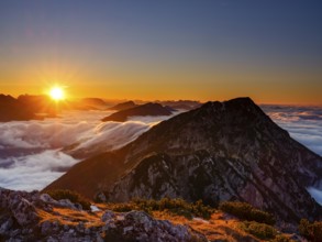 Alpine panorama at sunset, fog in the valley, Hochstaufen, Chiemgau Alps, Upper Bavaria, Bavaria,