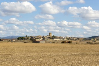 Landscape view of historic medieval village of Layana, Cinco Villas, Zaragoza province, Aragon,
