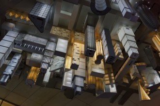 Magic Mushrooms installation, ceiling sculpture, hanging skyscrapers, model of a metropolis,