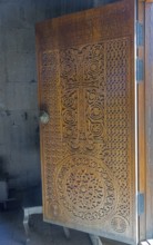 Detailed wooden door with cross engraving and ornaments, Tatev monastery, Tatev, Armenian Apostolic