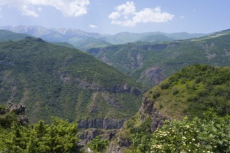 Green mountains under clear sky with white clouds, idyllic and peaceful atmosphere, view from the