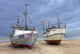Fishing boats beached on Thorup Strand, Thorupstrand, fishing village on the Skagerrak in