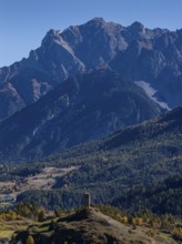Mountain landscape, autumn color, sunny, aerial view, castle, tower, Ardez, Lower Engadine,