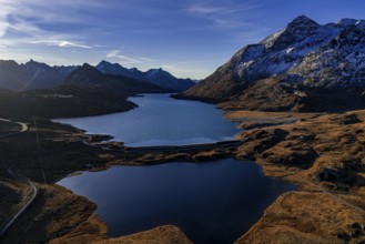 Mountain landscape, autumn, morning light, aerial view, road, mountain lakes, reservoir, Bernina