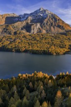 Mountain landscape, mountain lake, larch forest, autumn, autumn color, evening light, aerial view,