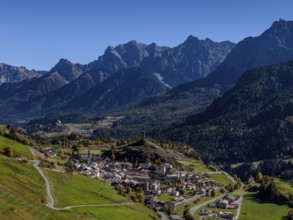 Mountain landscape, autumn color, sunny, aerial view, village, castle, tower, Ardez, Lower