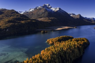 Mountain landscape, mountain lake, larch forest, autumn, autumn color, morning light, sunny, aerial