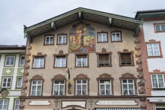 Gable house with air painting in Marktstraße, pedestrian zone, old town, Bad Tölz, Upper Bavaria,