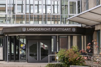 Stuttgart Regional Court. Lettering on the courthouse. Stuttgart, Baden-Württemberg, Germany
