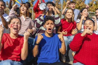 Excited sports fans yelling and cheering with painted faces, pumping fists, and using a megaphone