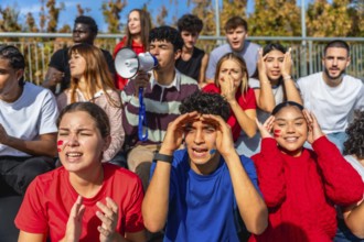 Group of diverse young sports fans cheering loudly, holding a megaphone, and showing a range of