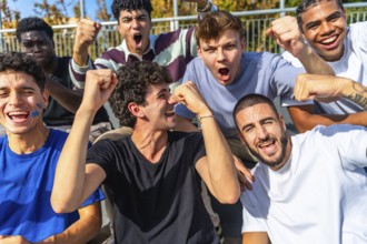 Group of excited young male sports fans from diverse backgrounds watching a match in a stadium,