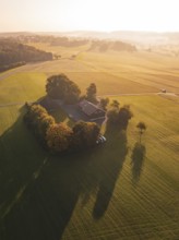 A farm surrounded by fields and trees in the evening light, Gechingen, Germany
