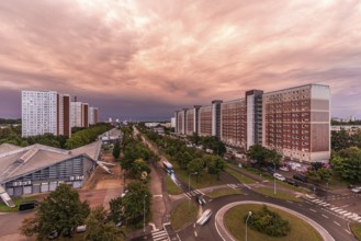 Large residential complex of prefabricated buildings, on the left the windmill skyscrapers in