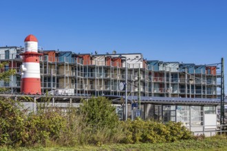 Hotel Dock Inn Hostel made of former containers and the S-Bahn stop in Warnemünde,