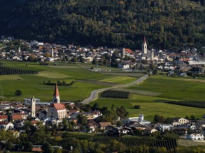 Village, mountain landscape, sunny, autumn, aerial view, Laatsch, view of Glurns, Vinschgau, South