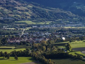 Village, mountain landscape, sunny, autumn, aerial view, Glurns, Vinschgau, South Tyrol, Italy