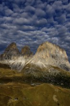 Mountain landscape, steep mountains, morning light, cloud atmosphere, autumn, Sella Pass, view of
