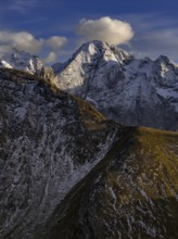 Steep mountains, snowy, mountain range, sunny, wild, autumn, aerial view, Pordoi Pass, view of