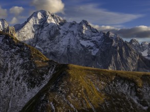 Steep mountains, snowy, mountain range, sunny, wild, autumn, aerial view, Pordoi Pass, view of