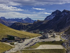Road, curves, serpentines, pass road, pass, hotel, parking, autumn, sunny, Pordoi Pass, Dolomites,