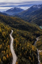 Road, curvy, mountain landscape, wild, unspoiled, coniferous forest, sunny, riverbed, autumn, larch