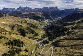 Road, curves, serpentines, pass road, autumn, sunny, Pordoi Pass, view of Tofana Group, Dolomites,