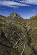 Road, curves, serpentines, pass road, autumn, sunny, Pordoi Pass, Dolomites, Italy