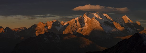 Mountain landscape, morning light, cloud atmosphere, autumn, aerial view, panorama, Giau Pass, view