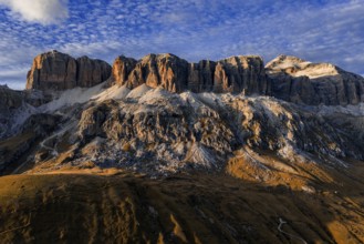 Mountain range, mountain landscape, sunny, clouds, evening light, autumn, aerial view, Pordoi Pass,