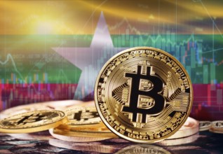 Bitcoin with Myanmar flag in the background. Investors in cryptocurrency and Blockchain Technology