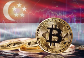 Bitcoin with Singapore flag in the background. Investors in cryptocurrency and Blockchain