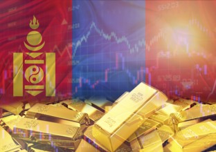 Gold bars on Mongolia flag in background. Gold bars stacked on Mongolian flag. Concept of Mongolia