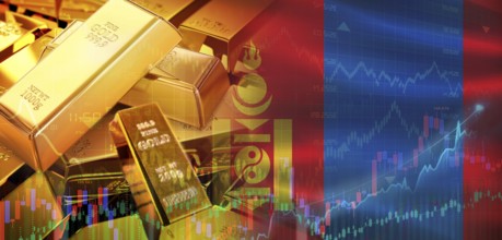 Gold bars stacked on Mongolian flag. Mongolia gold reserves, Concept