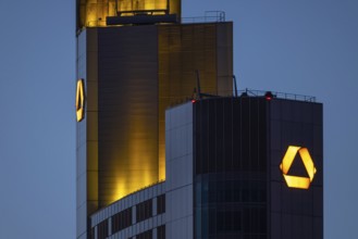 The top of the Commerzbank Tower in Fankfurt am Main glows in the evening, Frankfurt am Main,