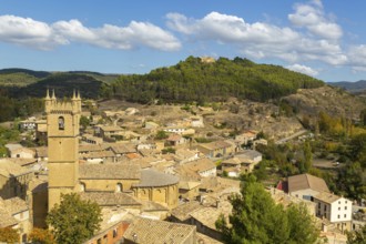 Church tower and rooftops of medieval village of Uncastillo, Cinco Villas, Zaragoza province,